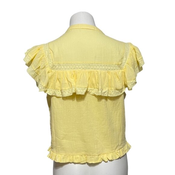 Talula Aritzia Large Yellow Short Sleeve Button Down Ruffle Top - Picture 3 of 6